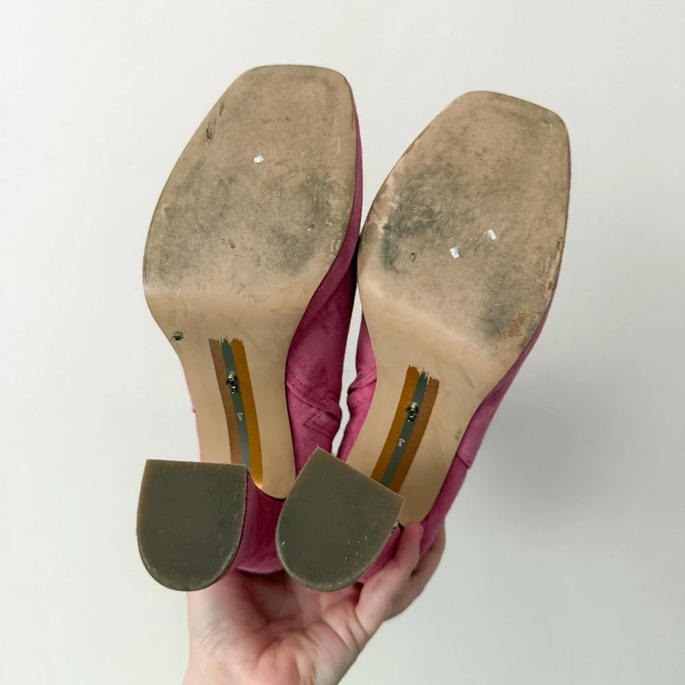 Sam Edelman Suede Ankle Boots Pink Square Toe Block Heel Platform 8 Pink Retro